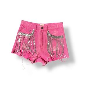 Blue Buttercup Hot Pink Fringe Frayed Denim Shorts ‎ Rhinestone Sequin Small NWT